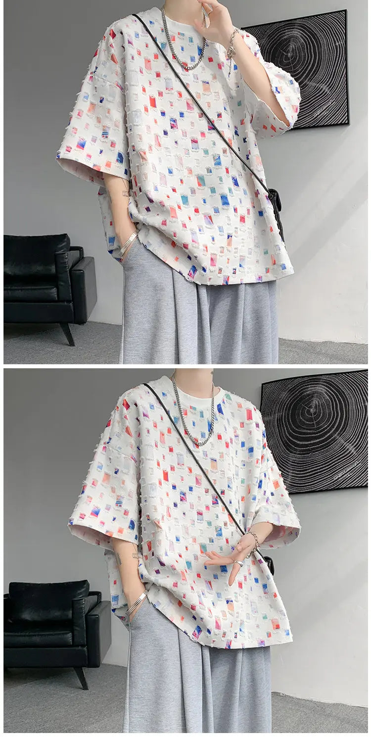 Summer Short Sleeved T-shirt Men Fashion Oversized Plaid T Shirt Men Streetwear Hip Hop Loose Hollow Out Tshirt Mens Large Size
