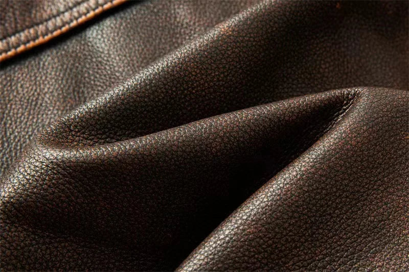 New Motorcycle Causal Vintage Leather Coat Men Autumn Outfit Fashion Biker Pocket Design Top Layer Cow Leather Jacket