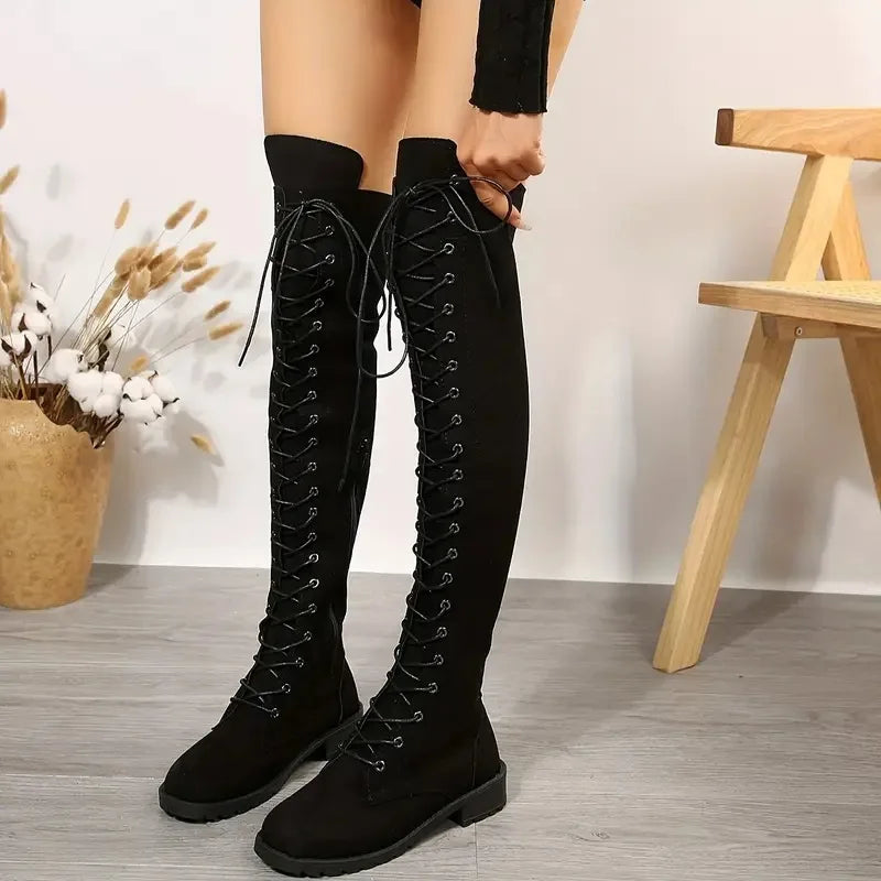 2024 New Winter Foreign Trade Large Size Long Boots European and American Round Head Strap 43 Size Women's Boots Leather Boots