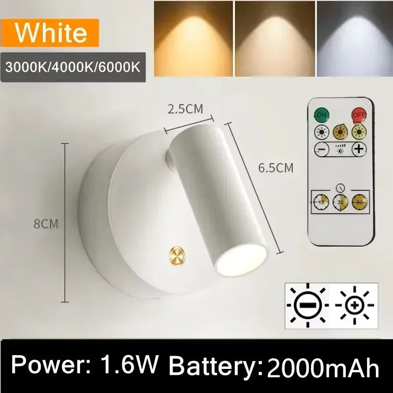 LED Bedroom Wall Light USB Rechargeable Black White Magnet Magnetic Base Dimmable With Touch Switch For Bedside Study Reading