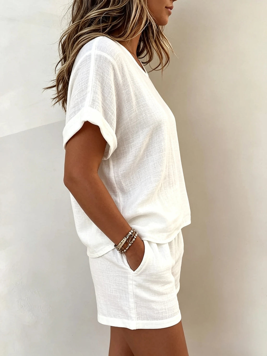 2026 Summer New Women's Solid Color Casual Crew Neck Short Sleeve Top & Shorts 2-Piece Outfit Set