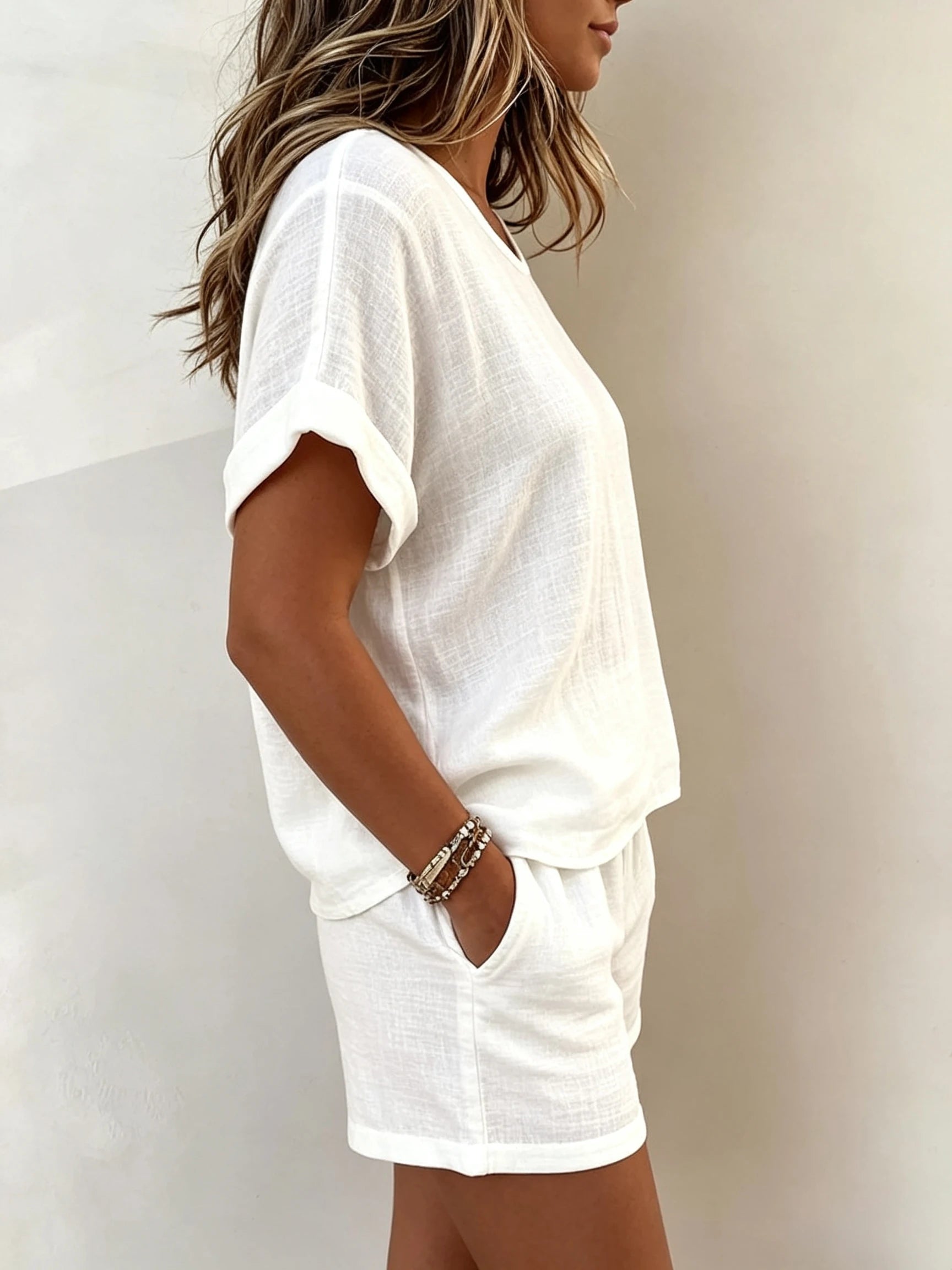 2026 Summer New Women's Solid Color Casual Crew Neck Short Sleeve Top & Shorts 2-Piece Outfit Set