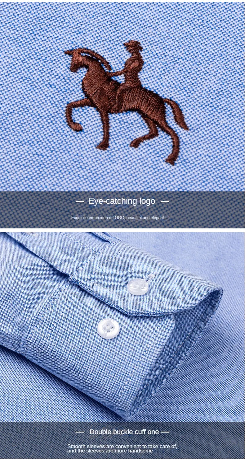 100% Pure Cotton Men's Long Sleeve Shirt Business Casual Solid Color Embroidered Oxford Spun Shirt