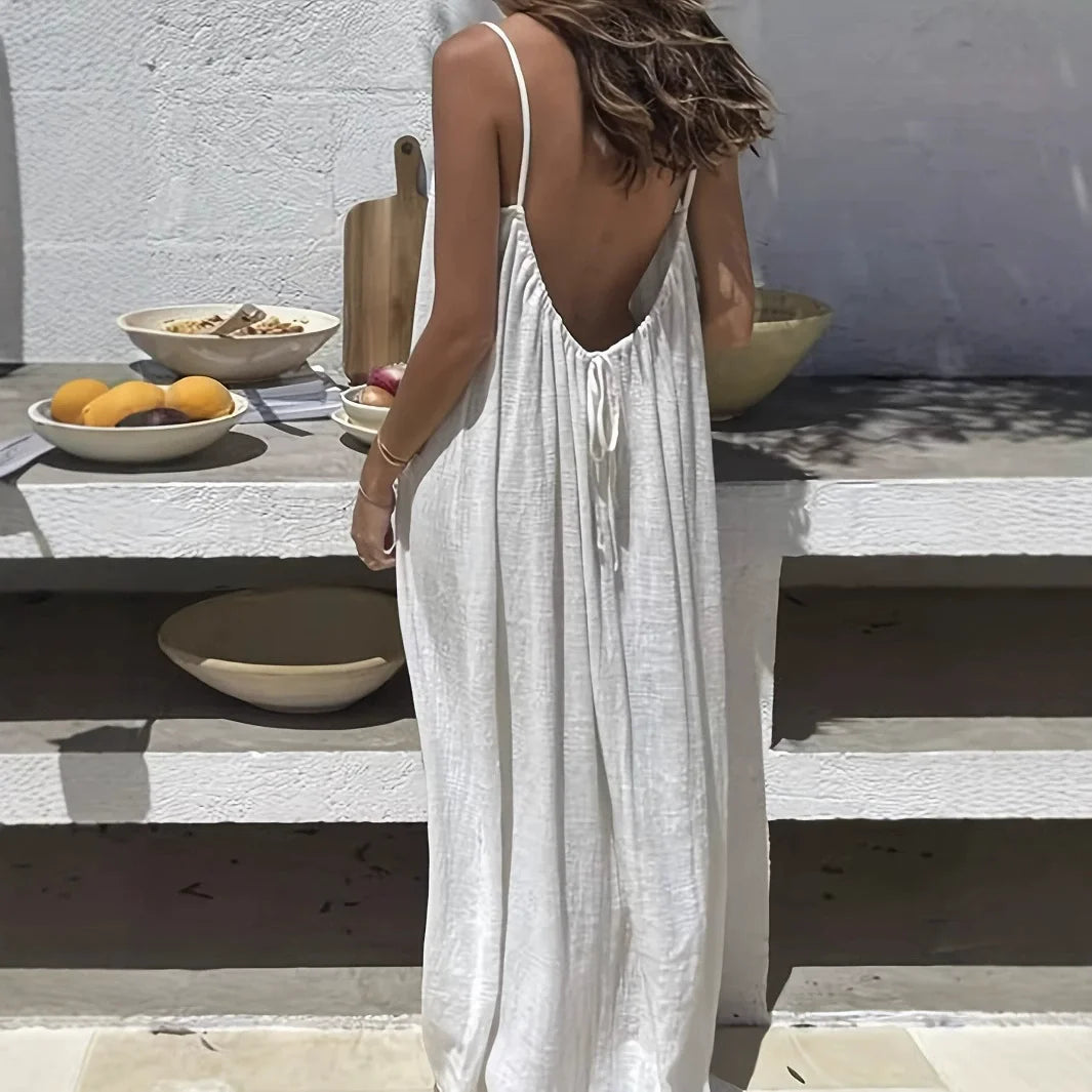 2026 Spring Summer Temperament Suspender Women Dress Backless Loose Maxi Dress Elegant Versatile Big Swing Beach Long Dress