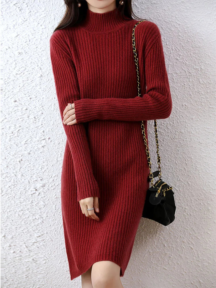 Fashion Cashmere Sweater Womens Knitted Dresses 100% Merino Wool Turtleneck Elegant Dress Autumn Winter Long Sleeve Short Skirts