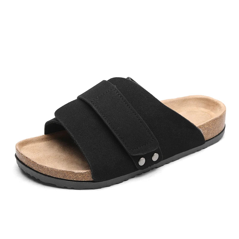 Men's Cork Slippers Suede Leather Clogs with Open Upper Comfort Footbed Adjustable Sandals Slides Indoor Home Shoes Women Couple