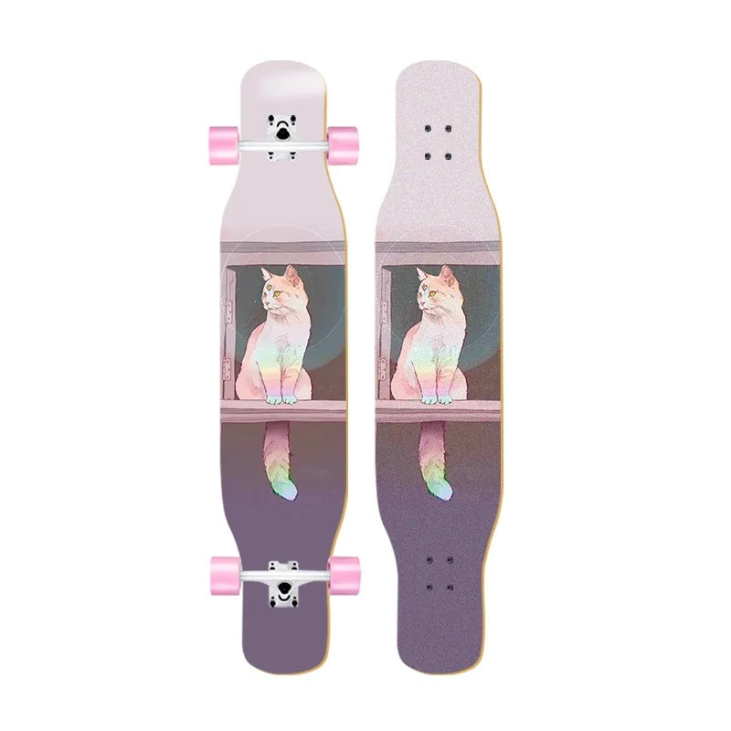 44 Inch Double Kick Dance Longboard 7-Layer Maple Wood Double Sided Graphic Complete Skate Deck All Ages Amateur Professional Ri
