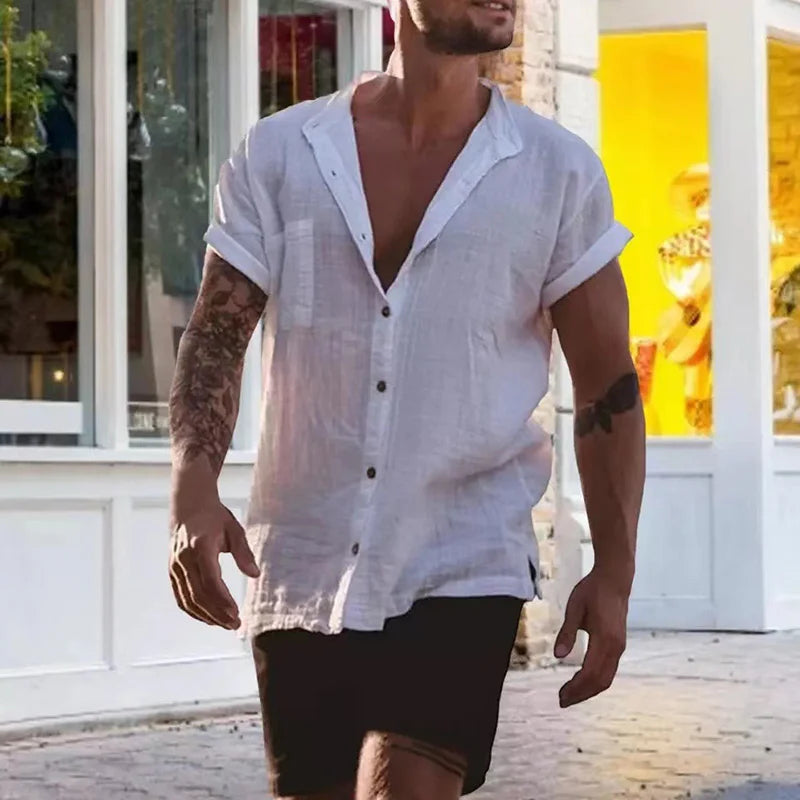 Male Short Sleeve Shirts Cotton Linen Shirts Blouses For Men Loose Business Normal Social Top Formal Dress Shirt Mens Clothing