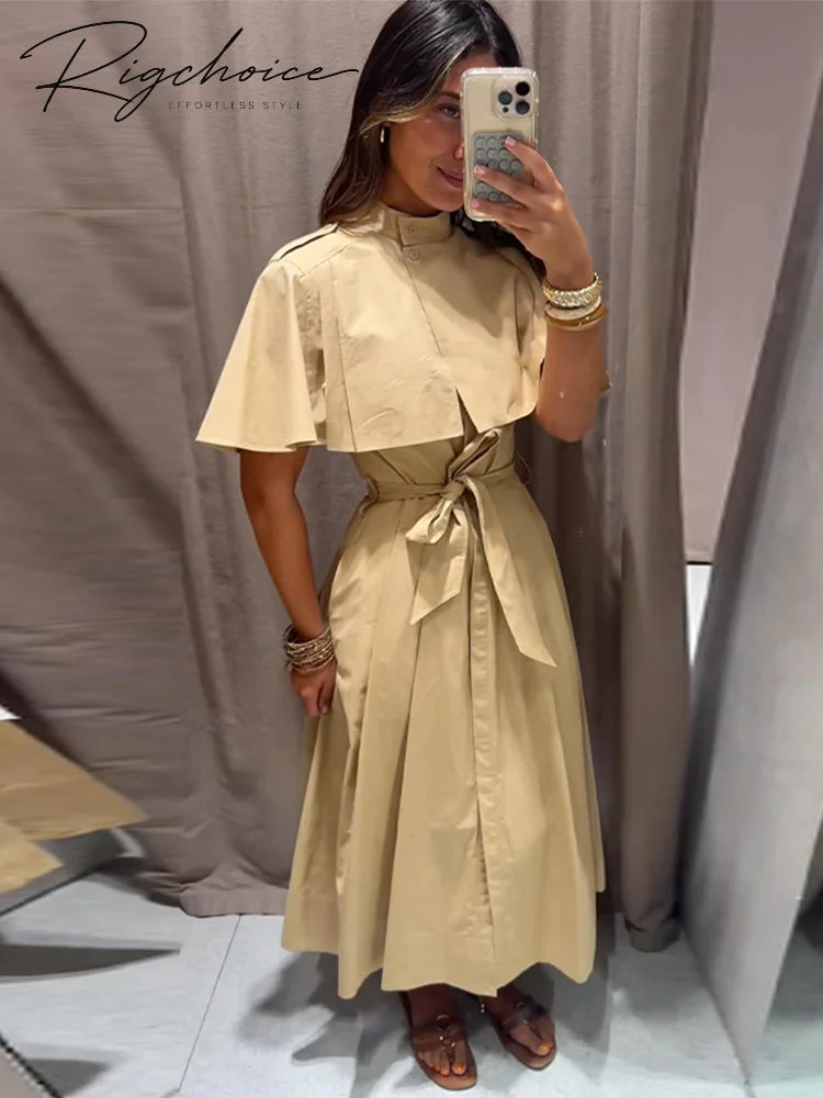 Women's Trench Style Midi Dress Stand Collar Cape Overlay Short Sleeve Belted Waist A‑Line Dresses Autumn Elegant Office Outfits