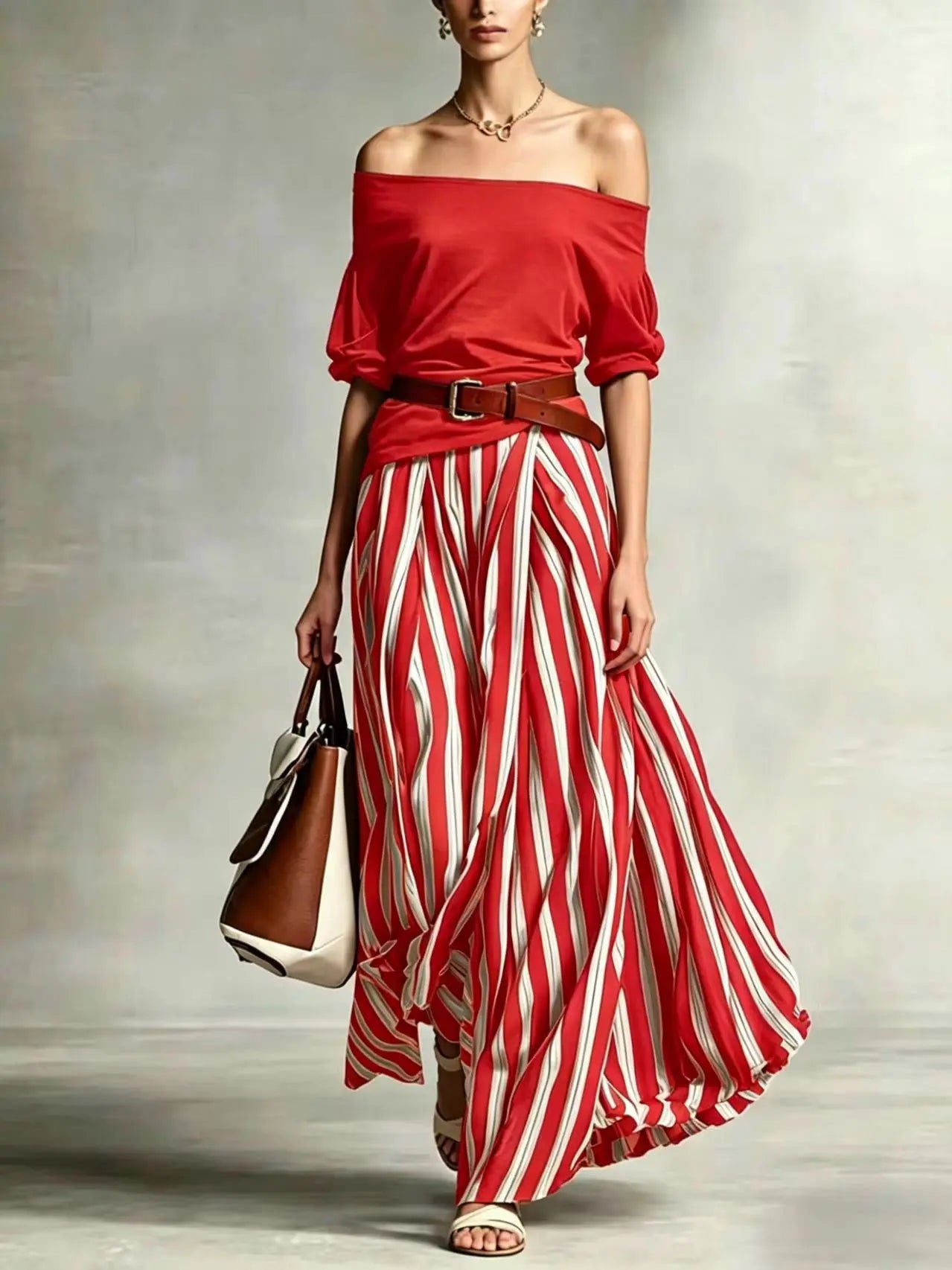 Women Multiple Colors Off Shoulder Puff Sleeve Top Vertical Stripe Flowy Maxi Skirt 2 Piece Outfit Loose Casual Vacation Set