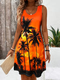 Summer Women Sleeveless U Neck Midi Dress Floral Print Knee Length Loose A Line Dress Outfits