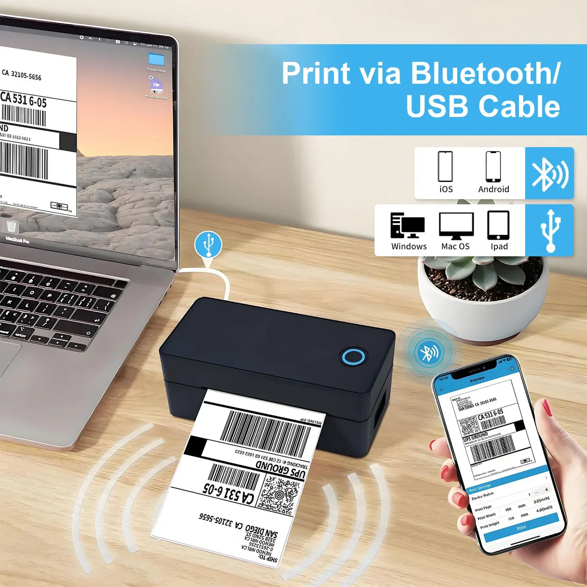 Thermal Label Printer Small Wireless Shipping Label Printer 4X6 inch Portable Maker Compatible with Various systems