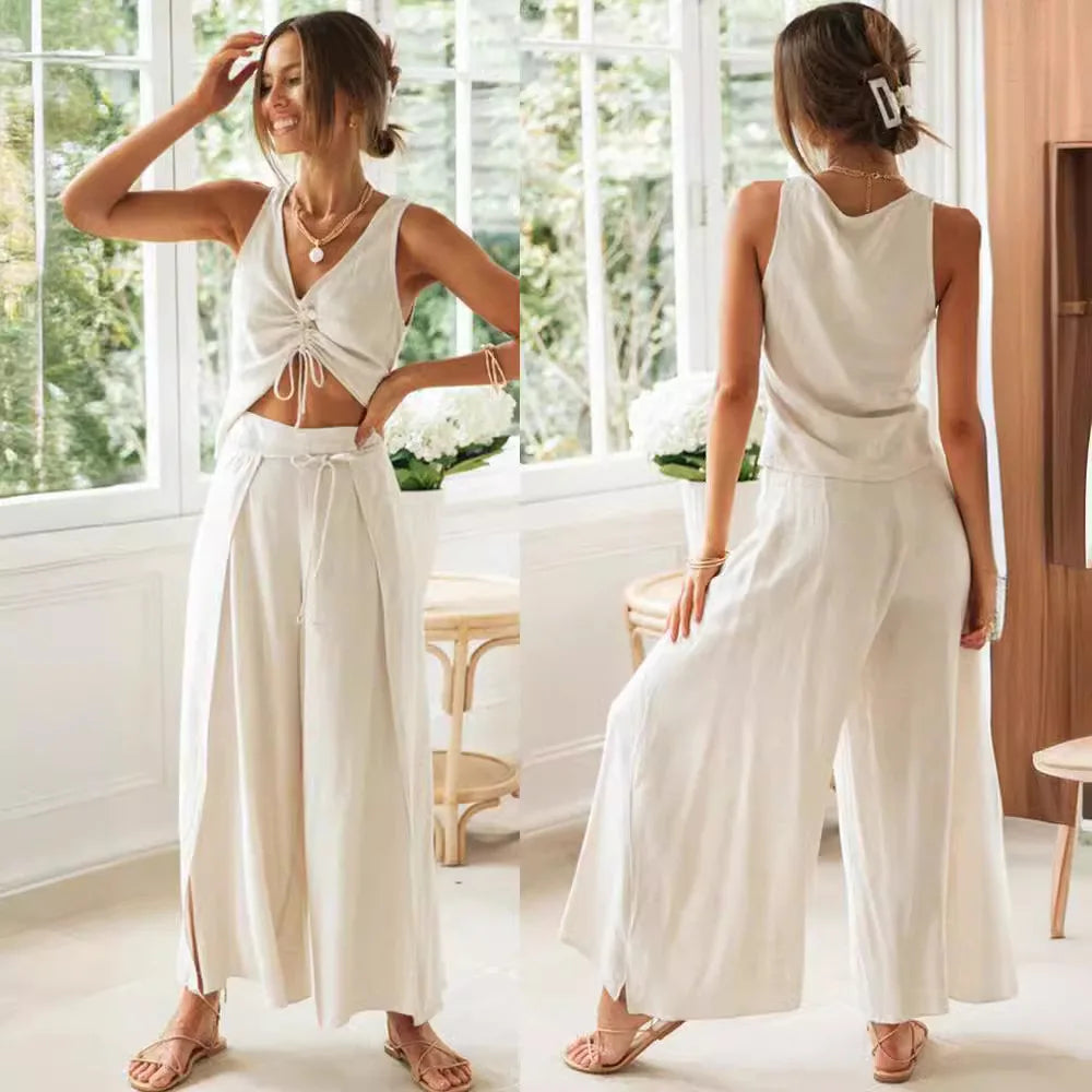 Women Sleeveless V Neck Two Piece Outfit Ruched Drawstring Crop Top High Waist Self Tie Wide Leg Pants Matching Set
