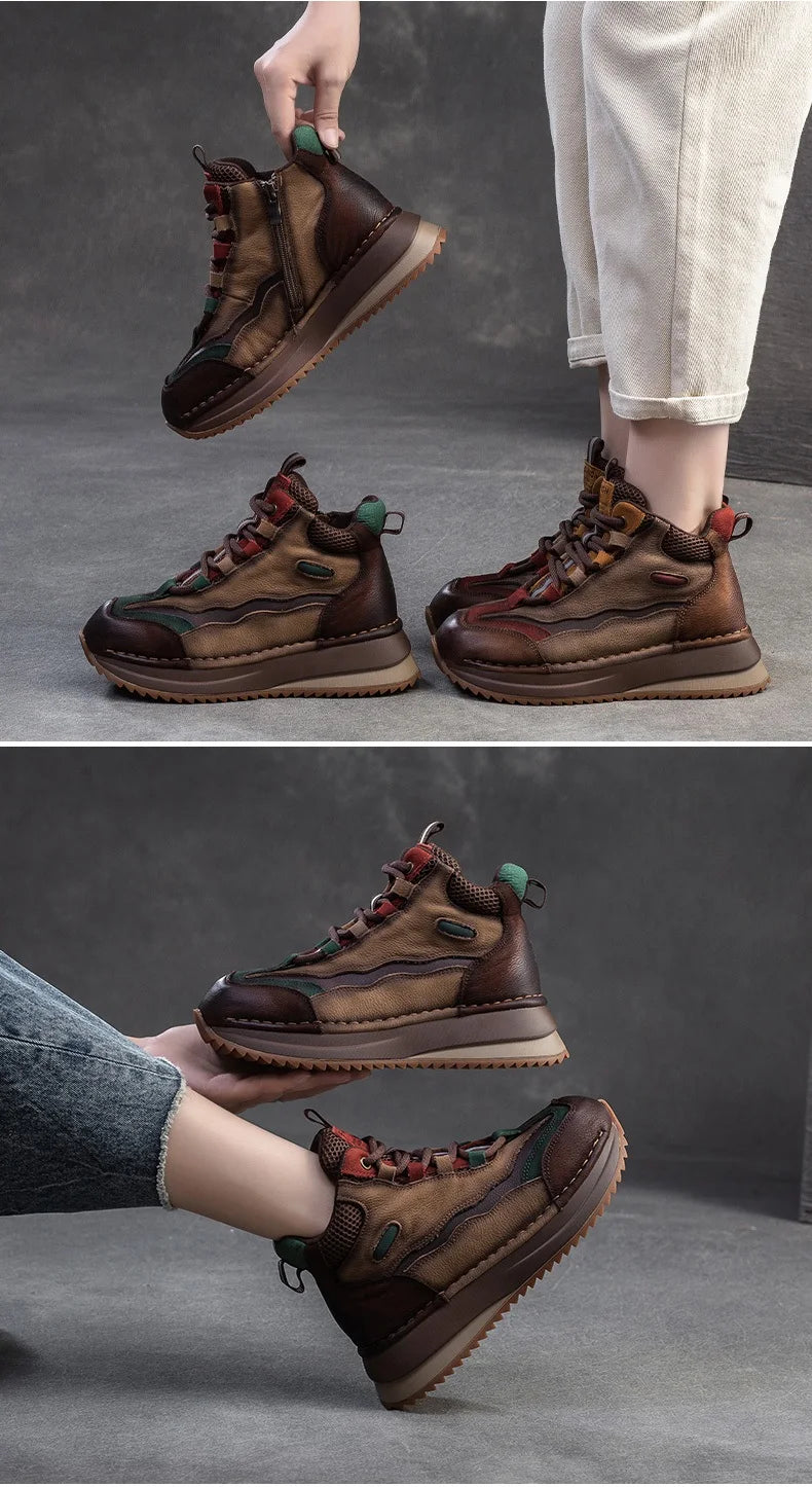 DRKANOL 2026 Women Boots Autumn Winter Mixed Colors Genuine Cow Leather Warm Ankle Boots Ladies High Top Casual Sneakers Shoes