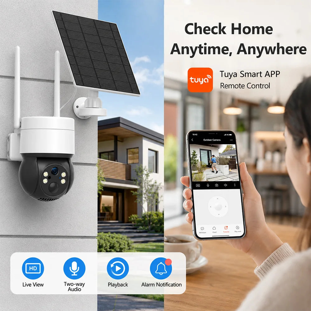 Solar WiFi Camera 3MP TUYA Smart Outdoor PTZ Security Camera Solar Powered 2-Way Audio Full Color Night Vision PIR Alerts IP66