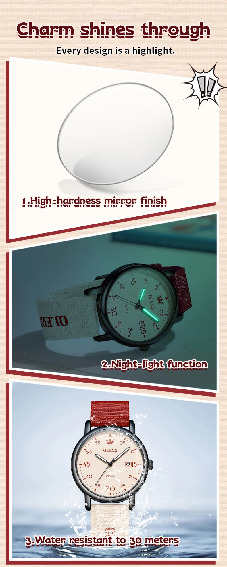 OLEVS 2997 Original Quartz Movement Student Fashion Watch Calendar Digital Dial Night Light Function 30m Waterproof Watch