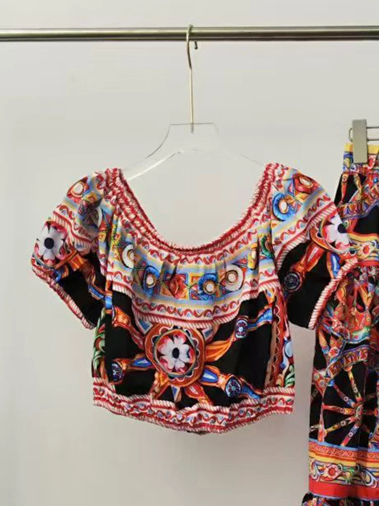 Retro geometric print sexy one neck short pullover two-piece set for 2026 summer women's clothing+elastic waist loose skirt set