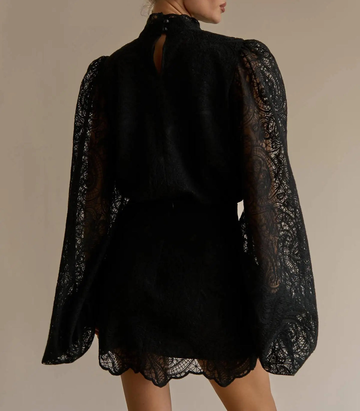 Fashion Lantern-Style High-Neck Lace Two-Piece Set - New Design Women's Co-ord Outfit Top And Bottom Ensemble