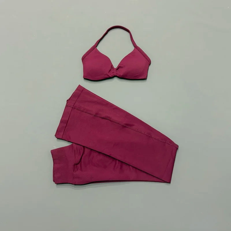 Sexy Women Flare Leggings Set Seamless Hip Lifting Fitness Flared Pants Suit Open Back Gym Strappy Bra Yoga Flares Legging Sets