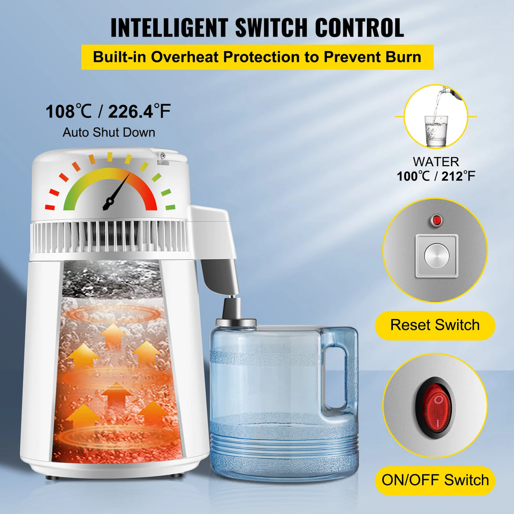 SucceBuy 4L Water Distiller Purifier Filter Dispenser Heating Drinking Bottle Softener 304 Stainless Home Appliance for Office