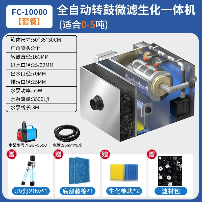 Stainless steel fish pond filter water circulation system silent backwash drum micro filter  A61
