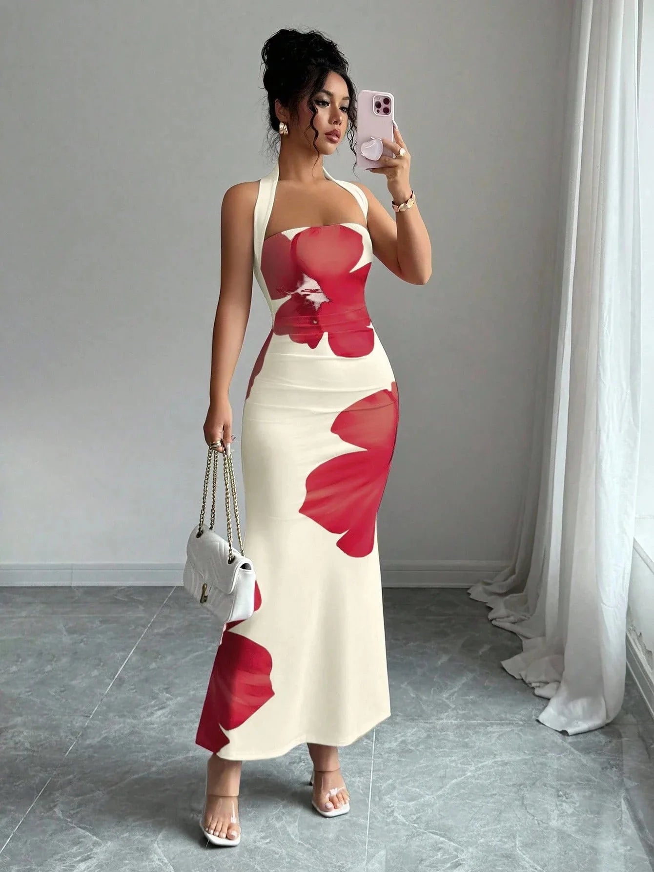 Women's 2026 New Popular Neck Halter Long Dress Hip-wrapped Printed Dress White Dress Birthday Dress for Women Summer Dress