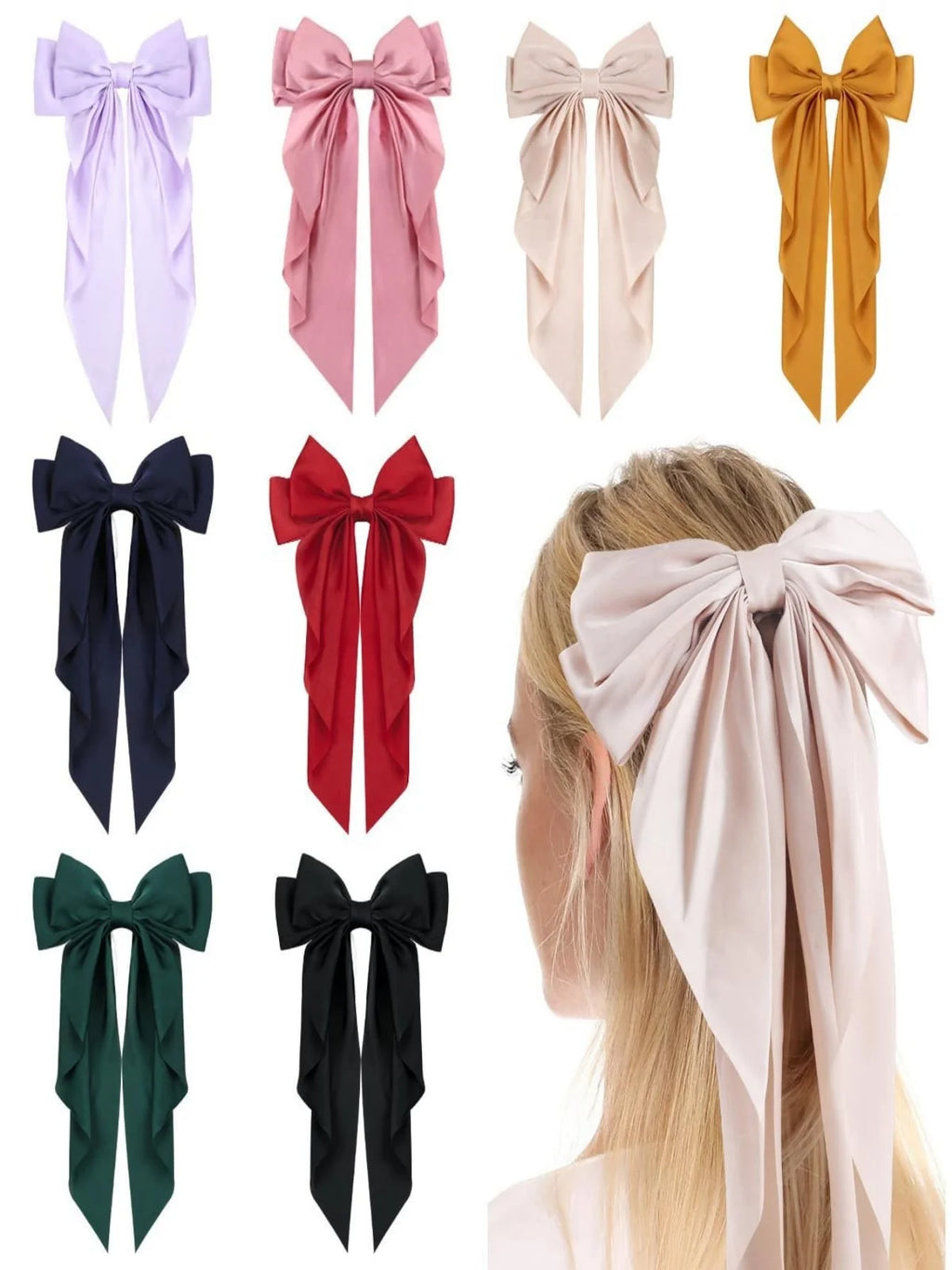 8 Ladies Satin Large White pink Red Blue Black Ribbon bow Oversized bow Long tail hair clip spring clip ponytail Hair accessorie
