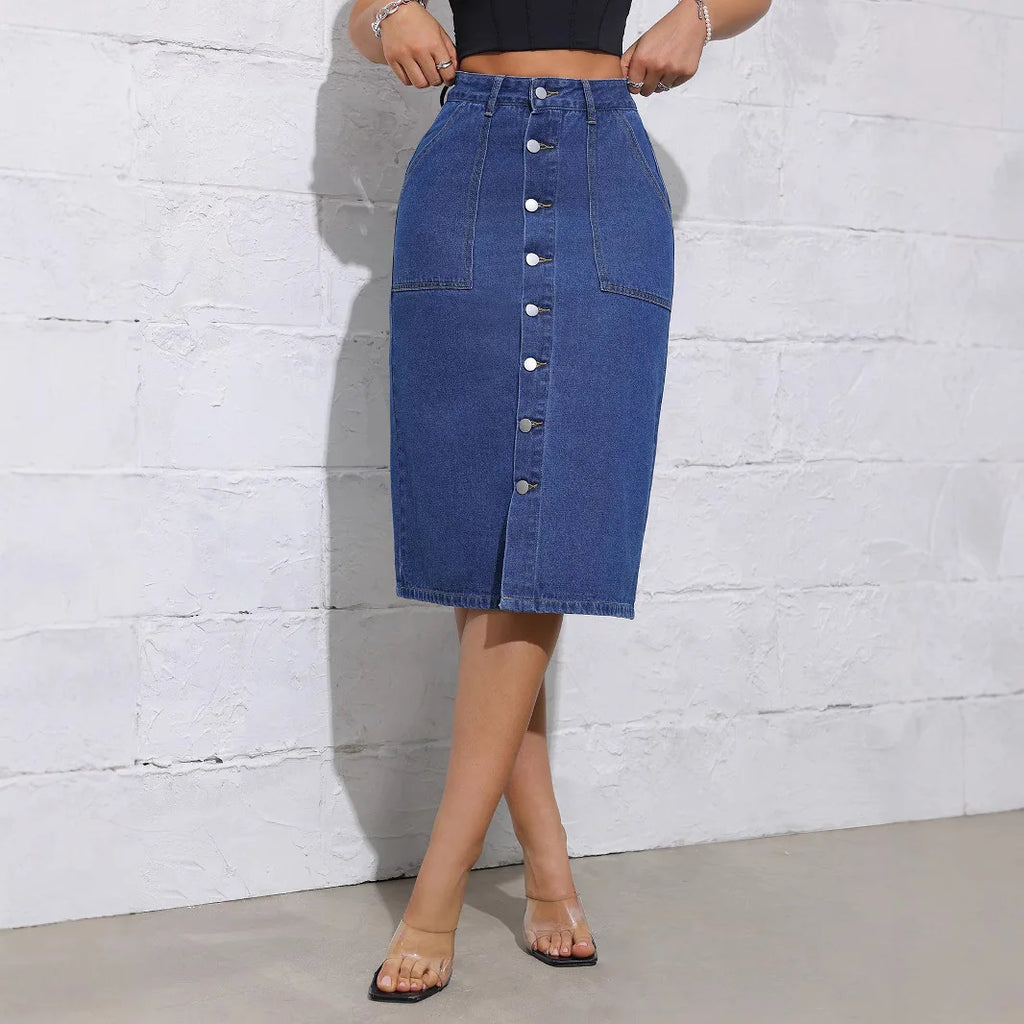 Summer Women Denim Skirt High Waist Buttons Placket Solid Color Midi Skirt Irregular Slit Design Mid-calf Length Skirt