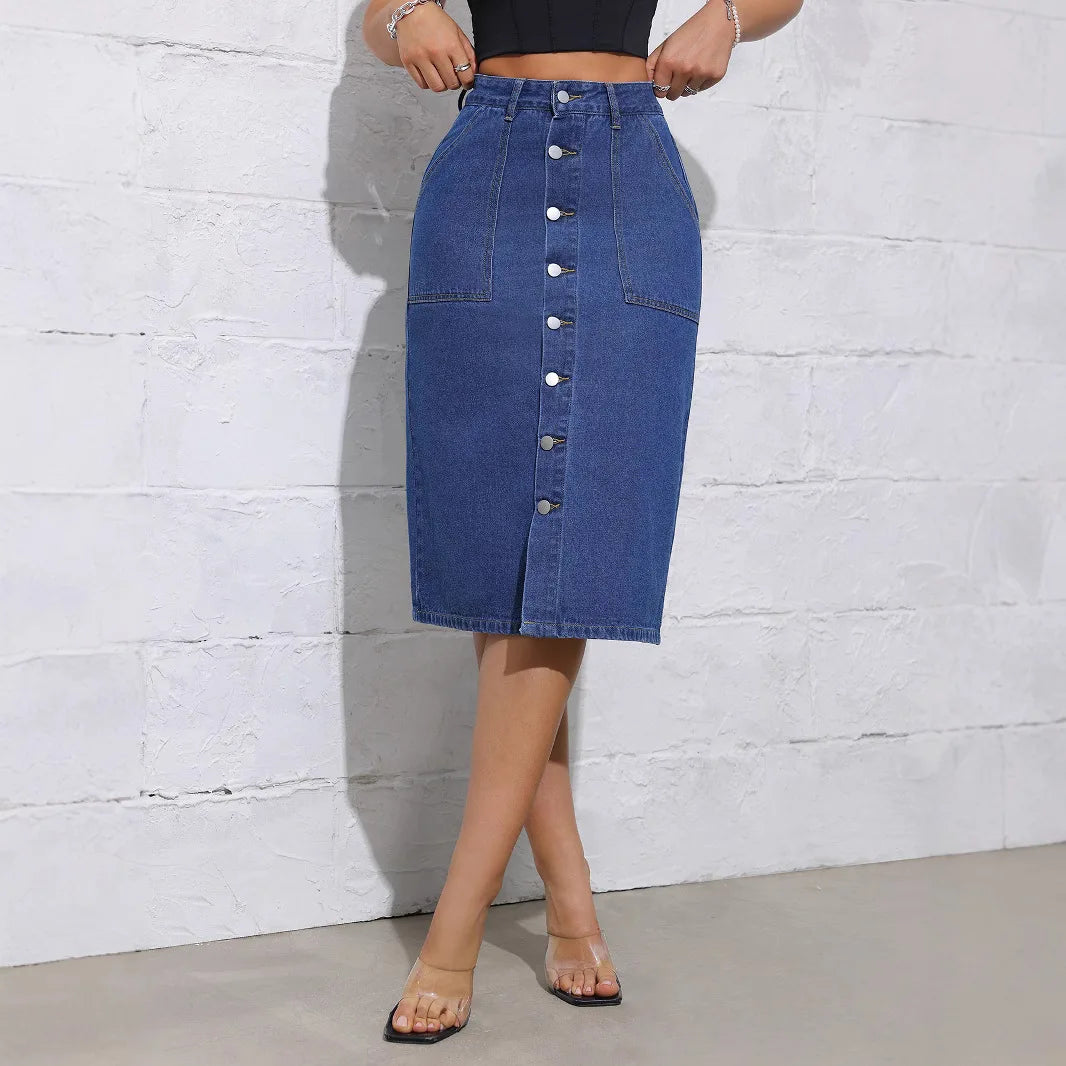 Summer Women Denim Skirt High Waist Buttons Placket Solid Color Midi Skirt Irregular Slit Design Mid-calf Length Skirt