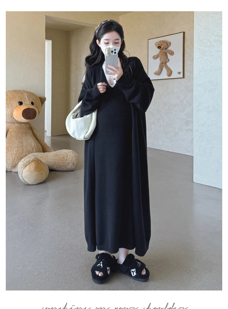 Maternity Suit  Autumn High-End Lazy Style Versatile Long Coat And Lace Paneled V Neck Straight Tank Dress Two Piece Set