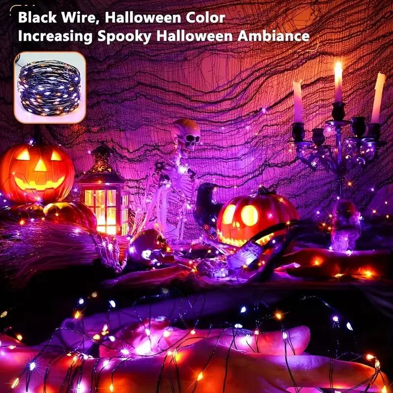 45.93ft 120LED Halloween Purple Orange LED Solar Fairy Lights Outdoor Waterproof Hanging Garden Light Fence Terrace Porch Decor