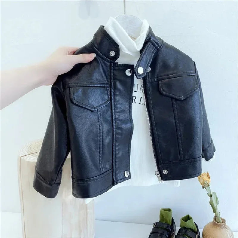Spring Girls Pu Leather Jackets Autumn Kids Zipper Trends Short Coats Children Handsome Outerwear Baby Classics Clothes 2-8 Year