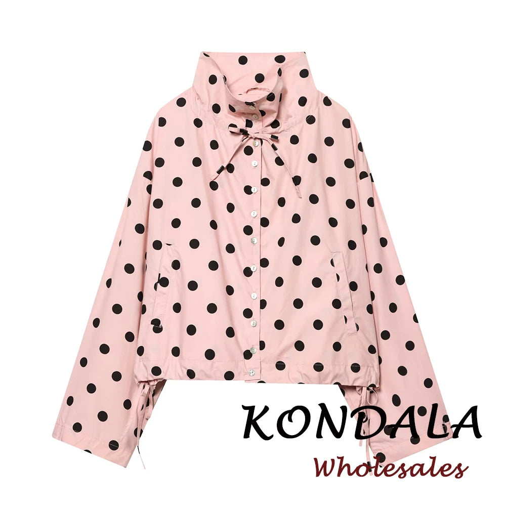 KONDALA Vintage Pink Polka Dot Pink Women Elegant Shirt Fashion 2026 Single Breasted Shirt Chic Night Party Fall Female Blouse