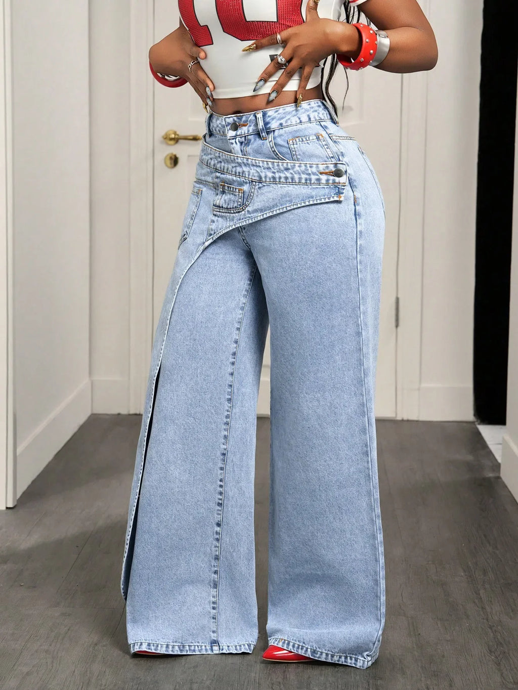 Denim Pant Women Jeans Vintage Wide Leg Long Pants High Waist Straight Trousers Y2k Streetwear Elegant Splice Work Casual Loose