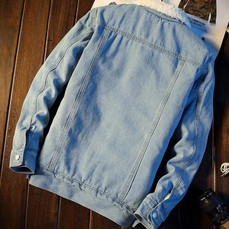 Mens Winter Fleece Denim Jacket Thick Warm Lambswool Loose Plus Size Cotton Trendy Casual Outerwear Coat