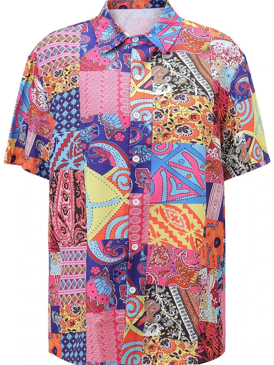 New Summer Men's Shirt with Blue and White Porcelain Floral Print, Short-Sleeve Shirt, Casual Loose-Fitting Lapel Hawaiian Shirt