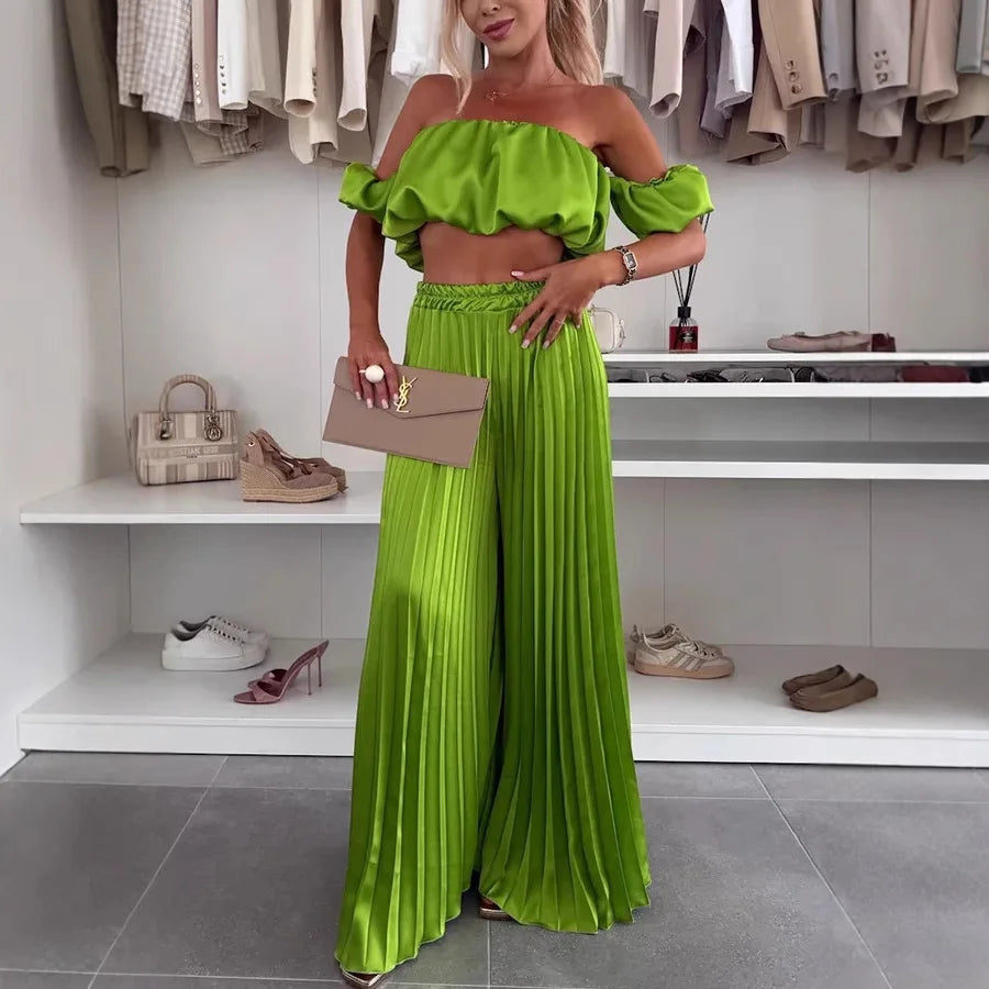 2026 Summer Women Sets Sexy Off-shoulder Sleeveless Short Tops+ Wide Leg Pants 2 Piece Sets Fashion Party Casual Trousers Outfit