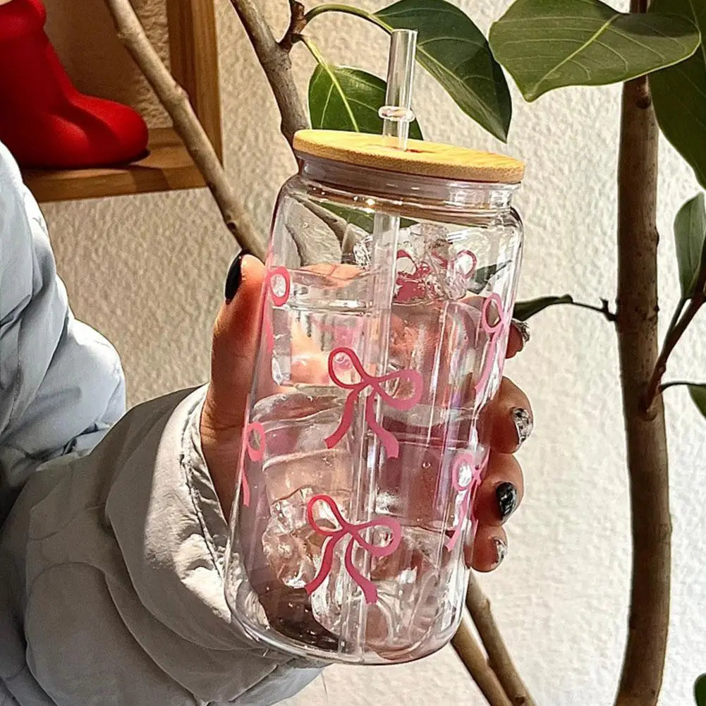 500ml Pink Bow Plastic Cups With Lids And Straws Reusable Bow Aesthetic Cup For Drinking Coffee Tea Cocktail For Party Support