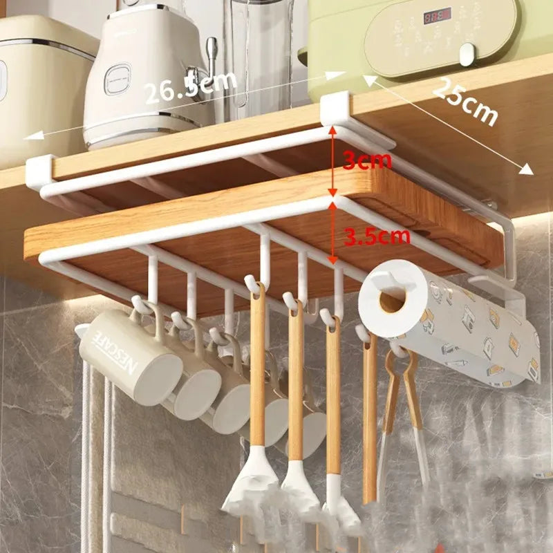 Kitchen Hanging Organizer Rack with Hooks Under Cupboard Paper Towel Rags Hanger Cutting Board Pot Cover Holder Storage Shelf