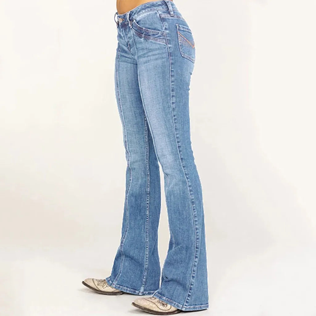 Women'S Jeans Denim Mid Waisted Denim Pants Embroidery Stretch Button Flare Pants Jeans 90s Vintage Clothes For Female