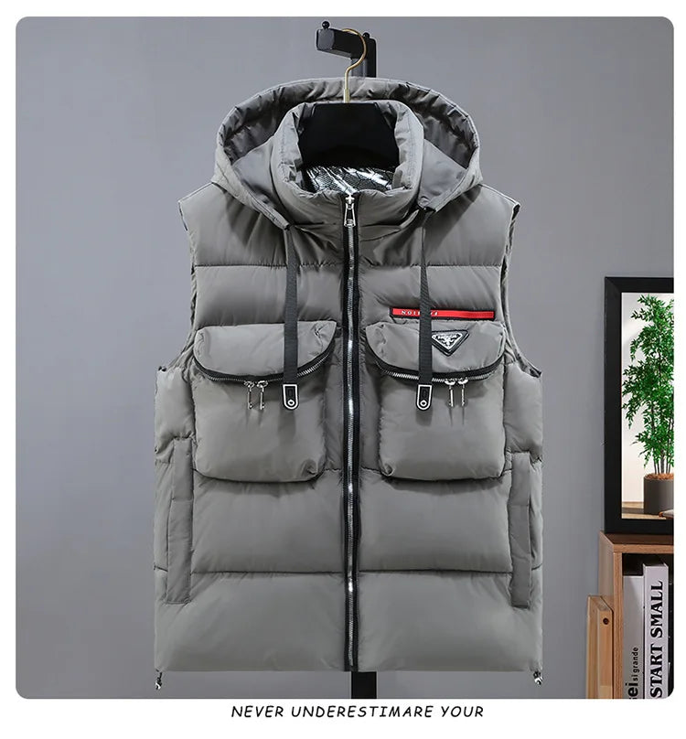 New in Padded Vest Men Winter Hooded Zip-up Turtleneck Sleeveless Jacket Male Cotton Down Autumn Warm Pocket Work Wear Waistcoat