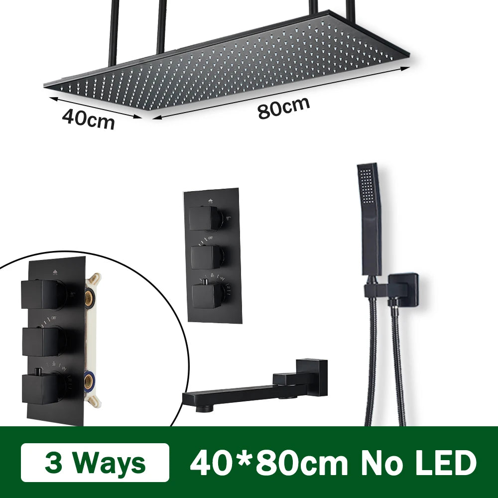 Rozin Brass Thermostatic Shower Faucet Black 40*80cm Ceiling Rainfall Shower Head Mixer Tap Concealed Install Bathroom Faucets