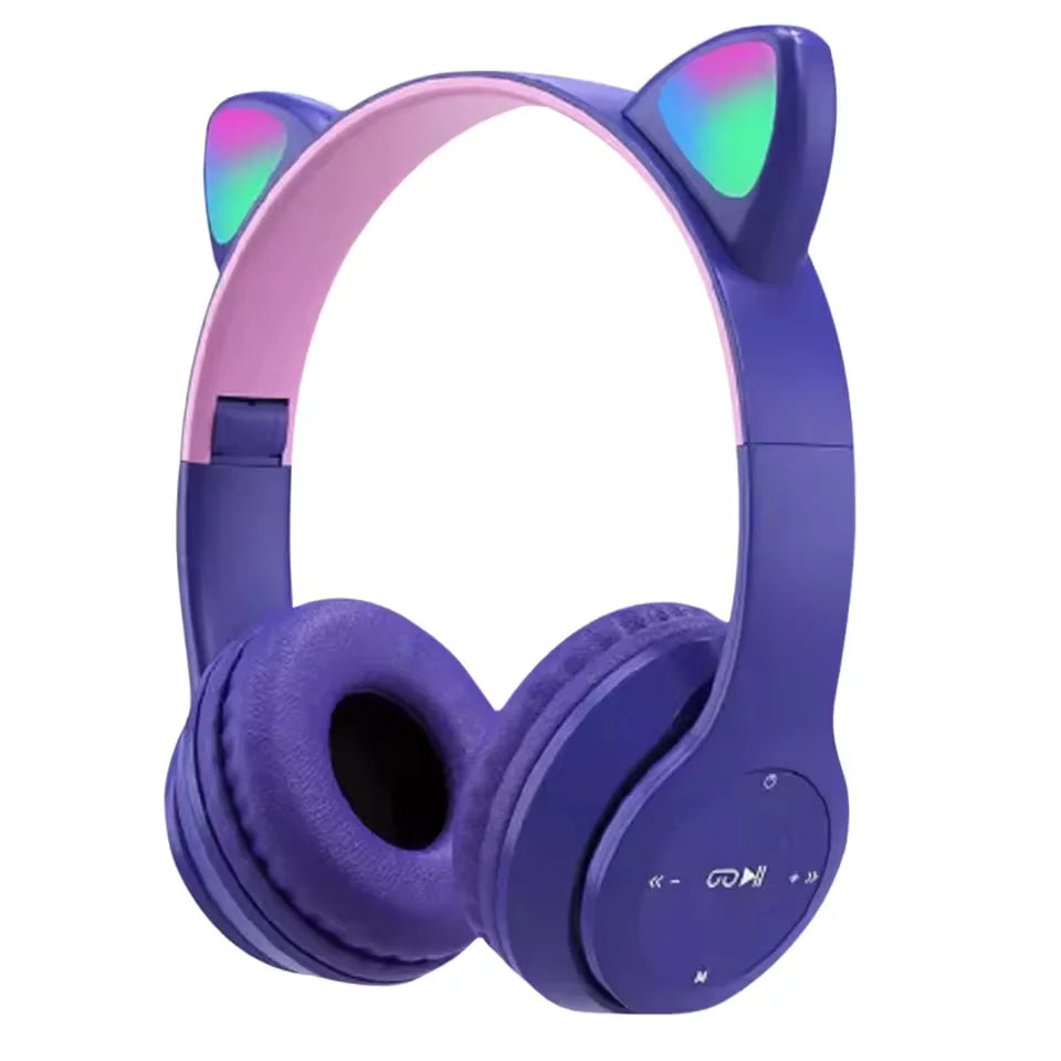 Flashing LED Cute Cat Ears Headphones Bluetooth Wireless Headset with Mic P47M Kid Girl Stereo Music Earbud Sports Headphones