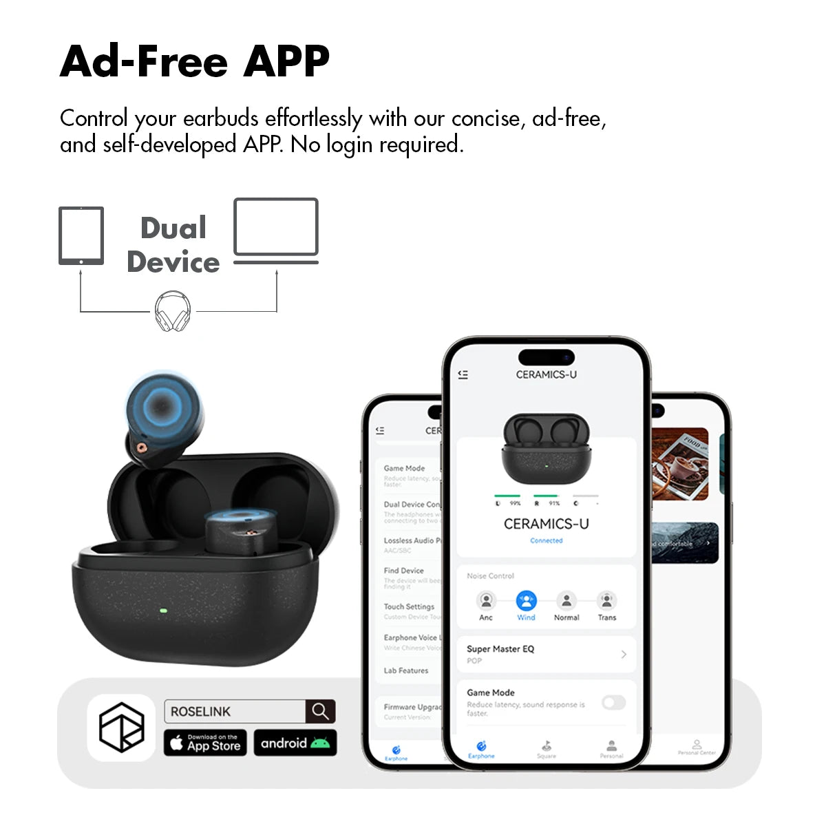 ROSESELSA Ceramics Ultra TWS Earbuds, 99% ANC Earphones, Hi-Res LDAC\LHDC, IPX4, 40H Battery, 4 HD Mics, 54ms Gaming Dual Conne
