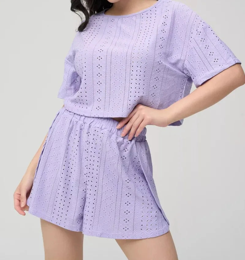 Ladies Summer Solid Color Hollow-out Short Sleeve Shorts Set Girl Student Homewear Women Casual Outside Home Loose Two-piece Set
