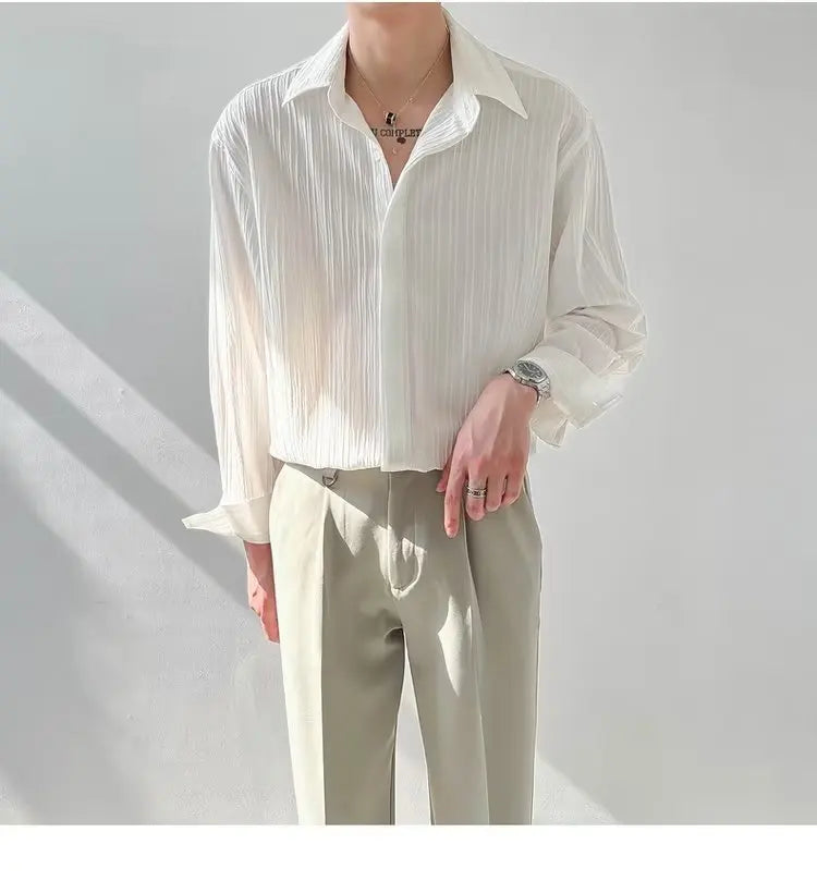 Black Apricot White Long-sleeved Shirt Men Fashion Social Mens Dress Shirt Korean Loose Casual Pleated Shirts Mens Formal Shirt