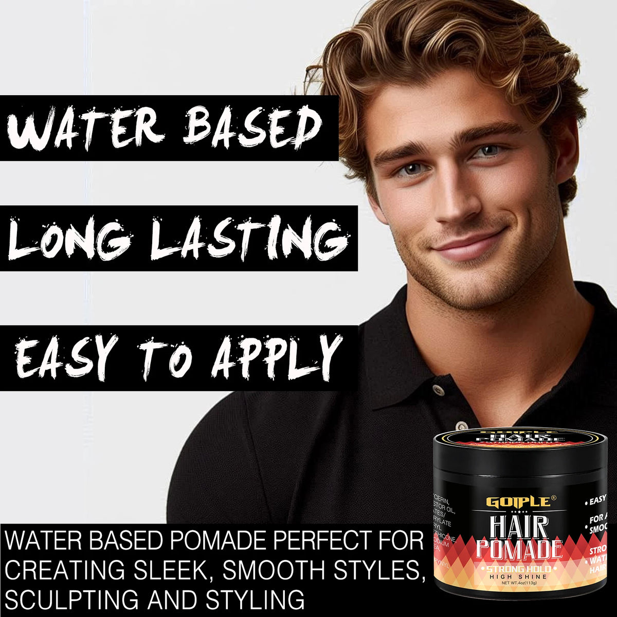 GOIPLE 180ml Wave Shampoo Deep Clean or 113g 360 Style High Shine Hair Pomade Strong Hold Layered Control Wavy Wax Cream for Men