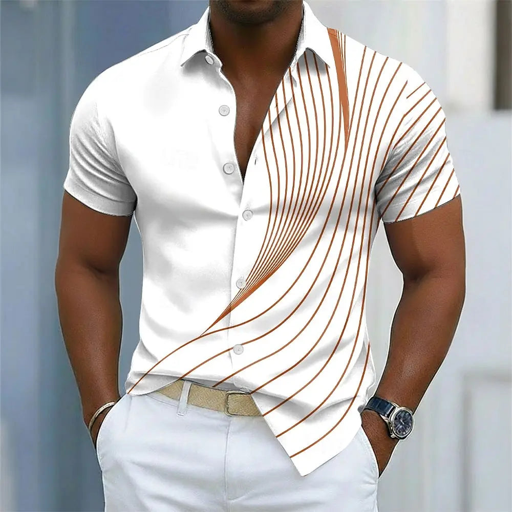 Men's Geometric Line Shirt Button Up Short Sleeve Casual 3D Print Turndown Shirt Blue Purple Orange Green