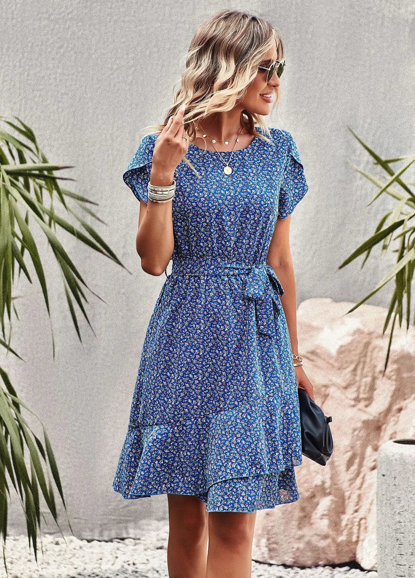 Msfilia Fashion O Neck Casual Printd Dress Women Summer Strap High Waist Pleated Dresses For Female