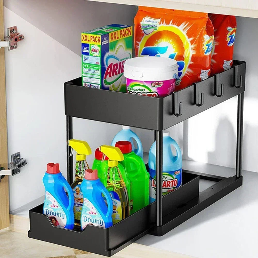 2-Tier Under Sink Organizers and Storage, Sliding L-shape Under Bathroom Kitchen Cabinet Organizers Narrow Space Sink Organizer
